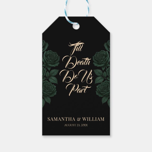Till Death Do Us Part Green Rose Gothic Wedding Presentetikett (Framsidan)