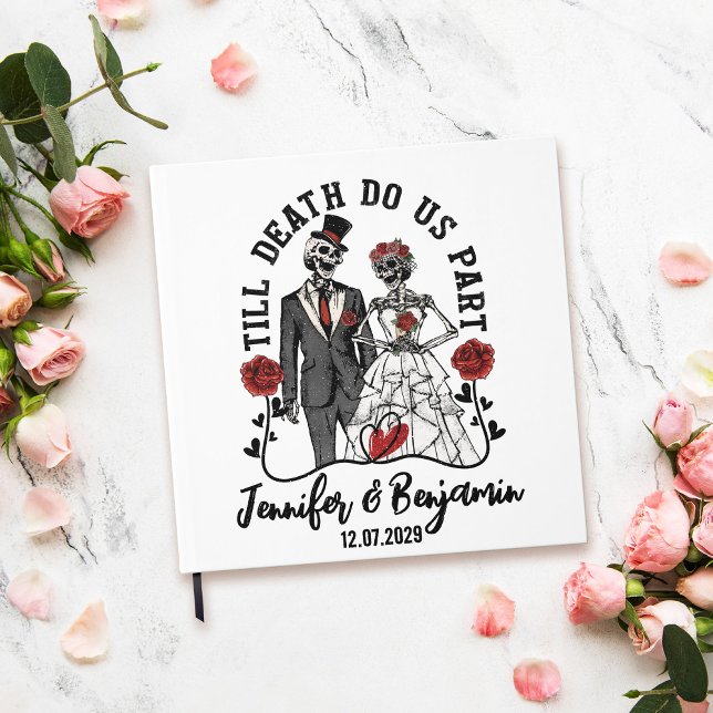 Till Death do Us Part Halloween Bröllop Guest Bok (White wedding guest book with skeletons - till death do us part)