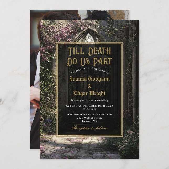 Till Death Gothic Blommigt Garden Photo Bröllop Inbjudningar (Fram/baksida)
