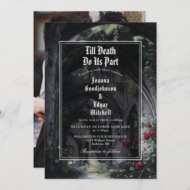 Till Death Gothic Ruins Roses Floral Photo Wedding Inbjudningar (Fram/baksida)