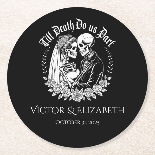 Till Death Gothic Skeleton Couple Black Wedding Underlägg Papper Rund (Framsidan)