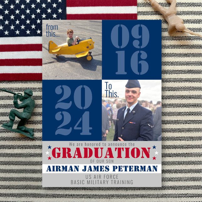 Till detta foto för den militära grundutbildningen meddelande (From this, to THIS large date military basic training graduation announcement, two photos, patriotic)