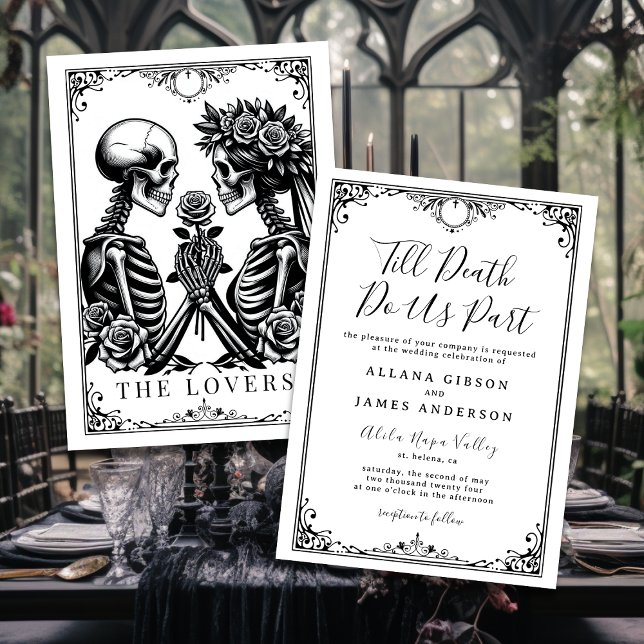 Till Död deltar vi i Tarot bröllop-inbjudan Inbjudningar (Mockup of gothic wedding invitation and tarot card "The Lovers".)