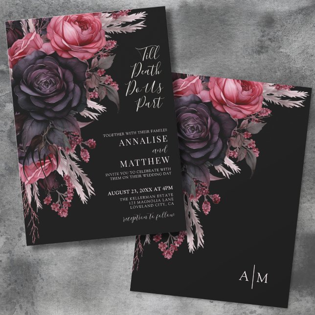 Till Död do oss Part Gothic Black Blommigt Bröllop Inbjudningar (Elegant Gothic Floral Black Wedding Invitation)