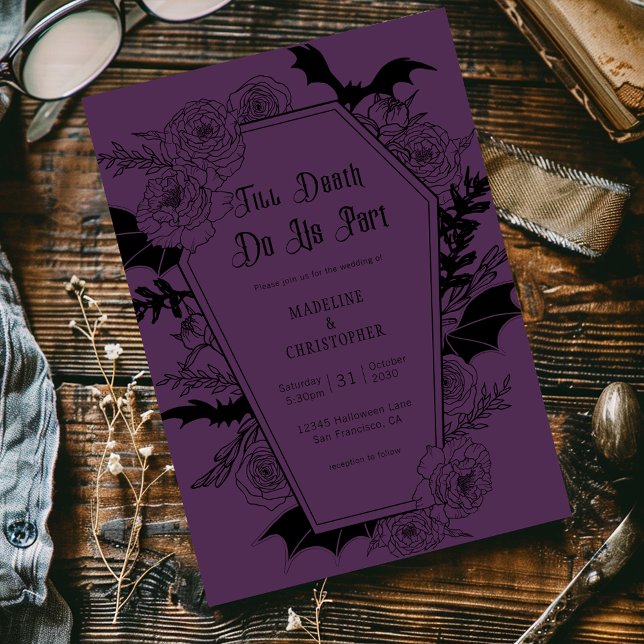 Till Död do oss Part Gothic Blommigt Bröllop Lila Inbjudningar (Skapare uppladdad)