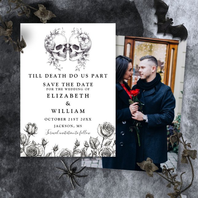 Till Död Gothic Döskallars Blommigt Photo Bröllop Spara Datumet (Till Death Gothic Skulls Floral Photo Wedding Save The Date)