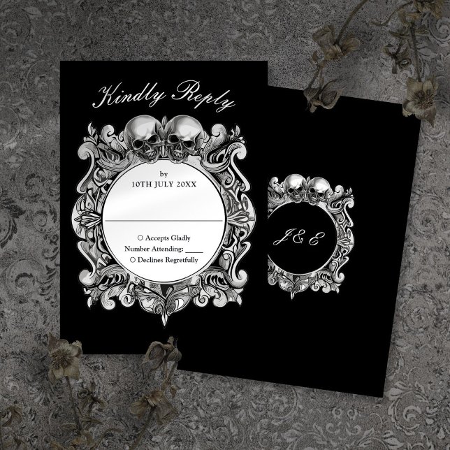 Till Död Gothic Döskallars Monogram Bröllop OSA Kort (Till Death Gothic Skulls Monogram Wedding RSVP Card)