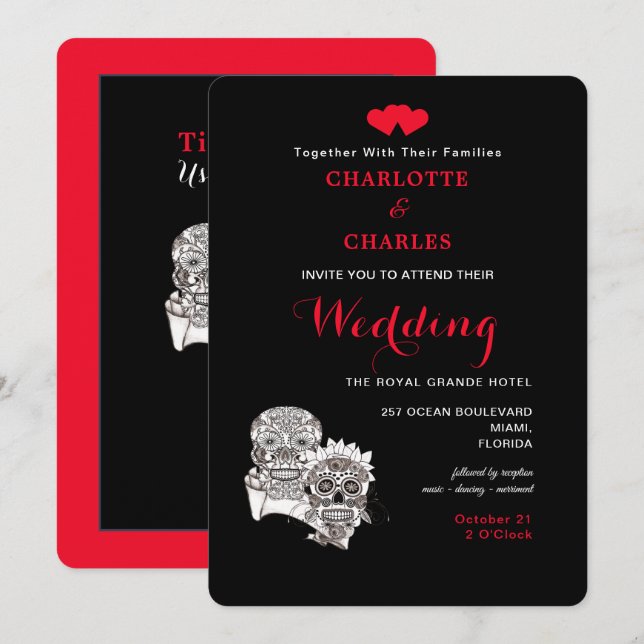 Till Död oss gör vi Döskallar Red Black Bröllop Inbjudningar (Fram/baksida)