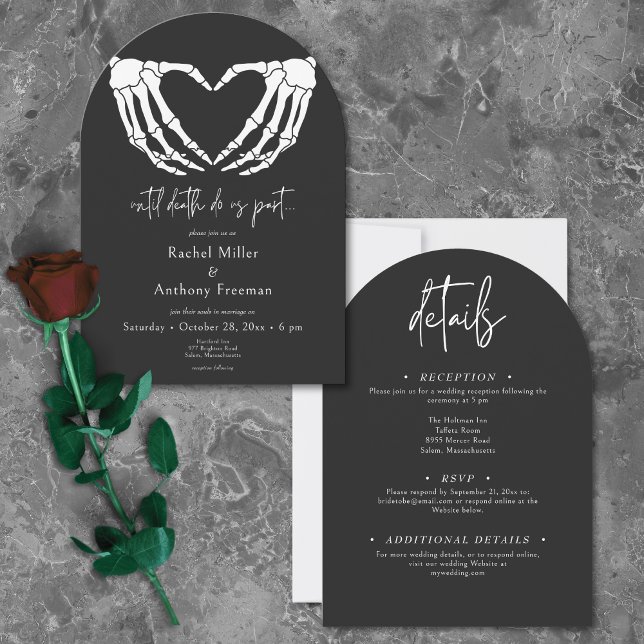 Till Död Skeleton Händer Arch Bröllop 2 sida vid s Inbjudningar (Until Death Skeleton Hands Arch Wedding Two Sided Invitation)