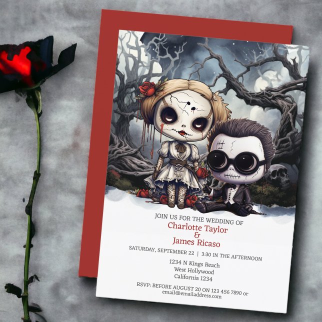 Till döden delar vi Bride och Groom Inbjudningar (Till death us do part Bride and Groom Invitations from Ricaso. Featuring two spooky dolls)
