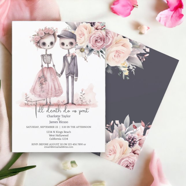 Till döden delar vi Bride och Groom Inbjudningar (Till death do us part Bride and Groom Invitations from Ricaso. Cute skeleton couple with flowers)