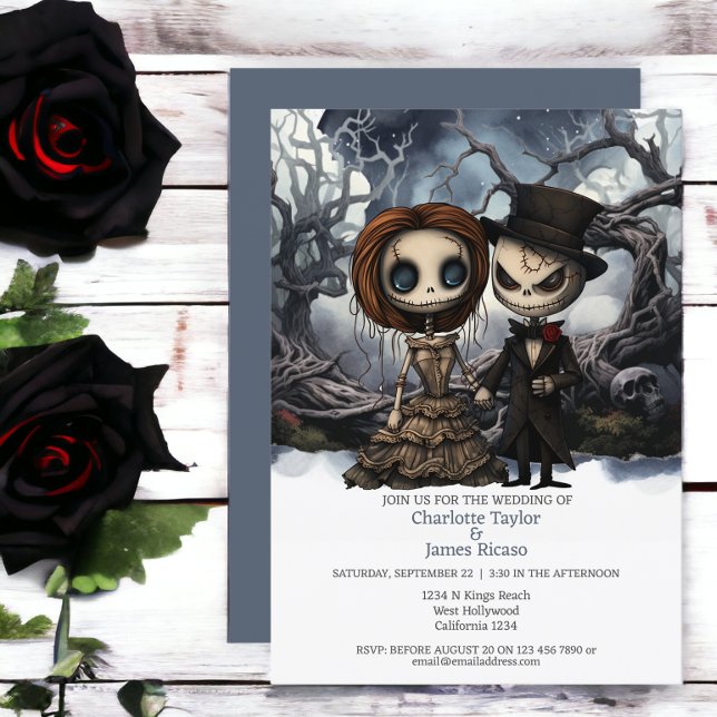 Till döden delar vi Bride och Groom Inbjudningar (Till death us do part Bride and Groom Invitations from Ricaso. 

Gothic themed wedding invites)