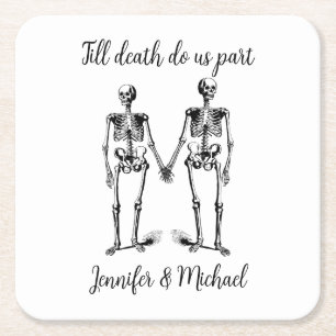 Till döden, delar vi Skeleton Couple Namn Black Underlägg Papper Kvadrat