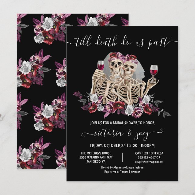Till döden gör oss del Goth Skeleton Brides bröllo Inbjudningar (Fram/baksida)