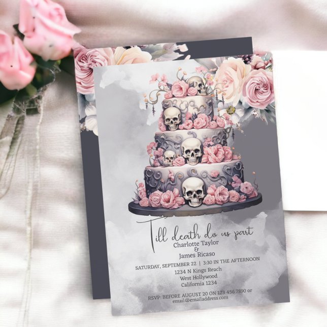 Till döden gör vi en del av skallkakan bröllop inbjudningar (Till death do us part skull wedding cake invitations from Ricaso. Perfect for a unique gothic couple)