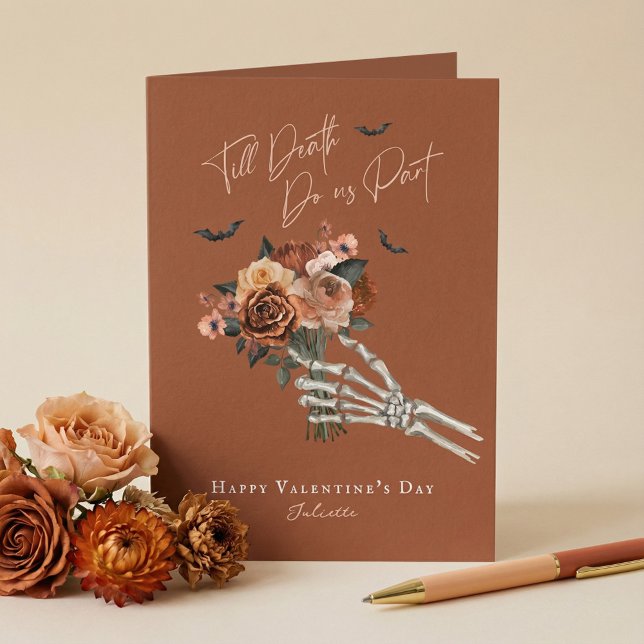 Till Döden Gotisk Blommig Skelett Hand Valentine Helgkort (Till Death Gothic Floral Skeleton Hand Valentine Holiday Card)