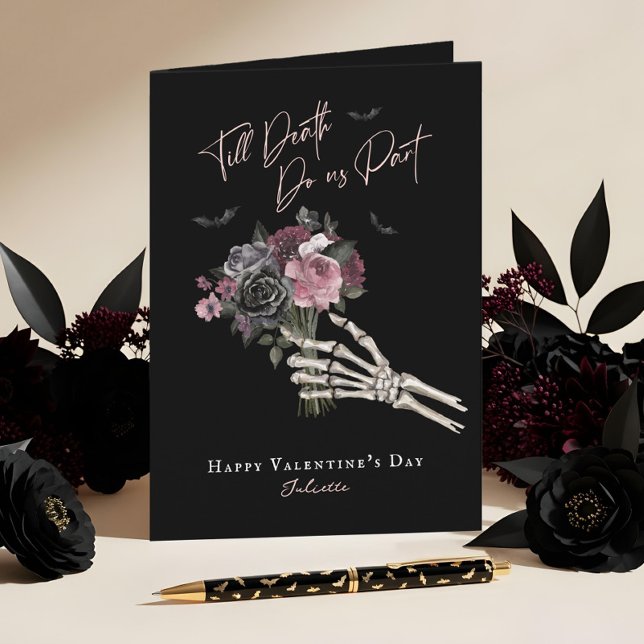 Till Döden Gotisk Blommig Skelett Hand Valentine Helgkort (Till Death Gothic Floral Skeleton Hand Valentine Holiday Card)