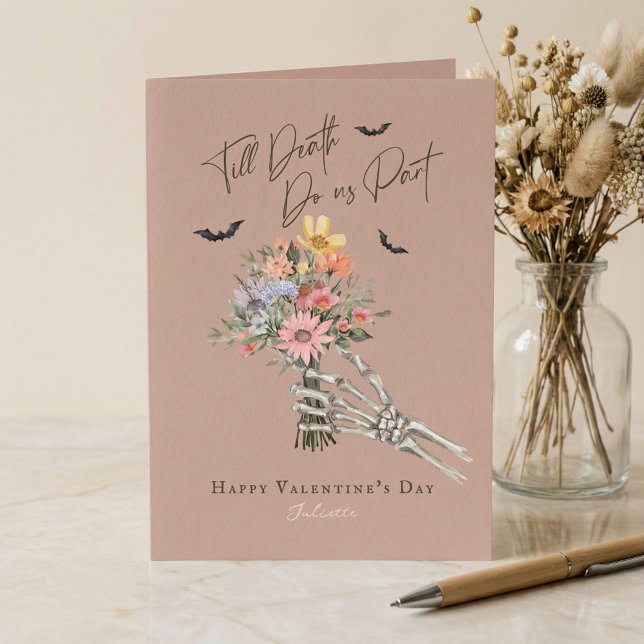 Till Döden Gotisk Vildblomma Skelett Alla Hjärtans Helgkort (Till Death Gothic Wildflower Skeleton Valentine Holiday Card)