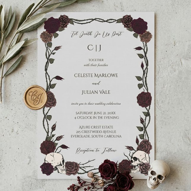 Till döden gotiska burgunderrosor Ljusgrå Bröllop Inbjudningar (moody Hand-drawn skull and rose 'til death do us part wedding invitation with whimsigoth aesthetic)