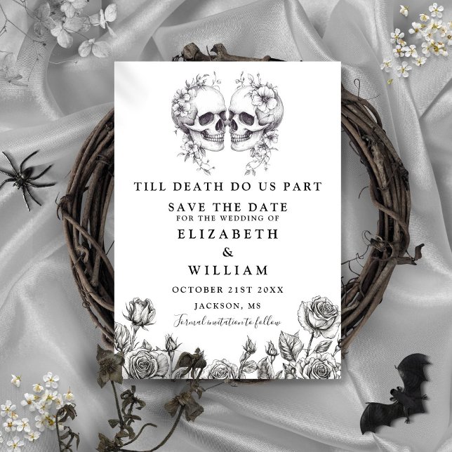 Till döden gotiska dödskallar blommig bröllop spara datumet (Till Death Gothic Skulls Floral Wedding Save The Date)