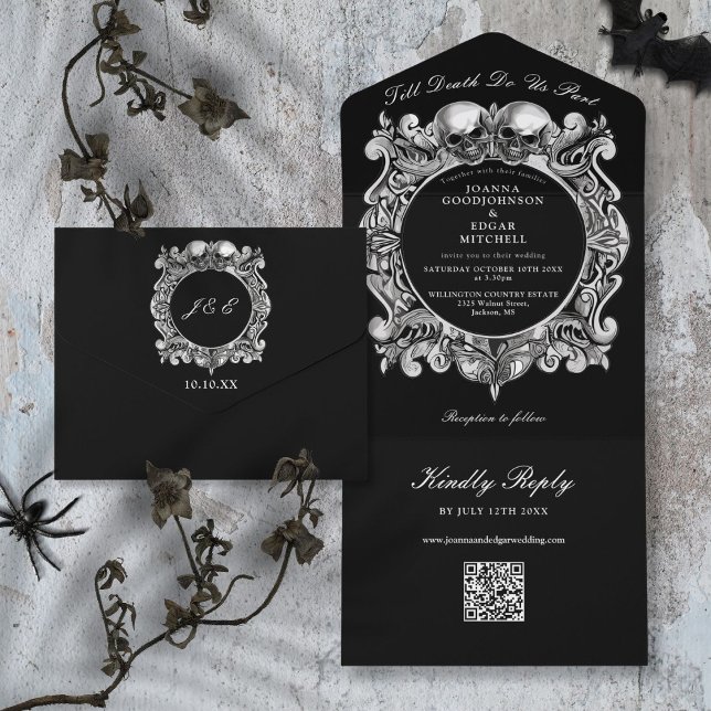 Till döden gotiska kranier QR-kod bröllop (Till Death Gothic Skulls QR Code Wedding All In One Invitation)