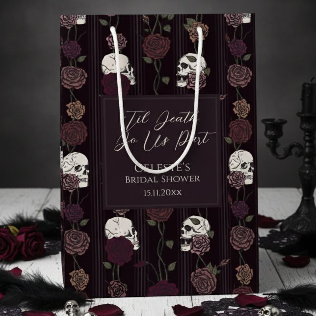 "Till döden skiljer oss åt" Gothsk dödskalle och r (Elegant Dark Floral Skull Til Death Do Us Part Gothic Bridal Shower Gift Bags for Halloween Wedding)
