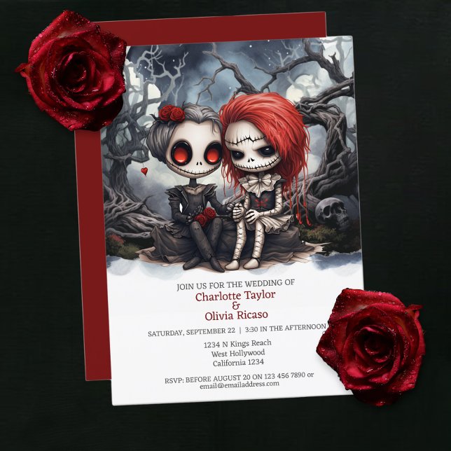 Till döden, vi delar två Brides Inbjudningar (Till death us do part Two Brides Invitations from Ricaso. 

Two skeleton brides sat in scary forest)