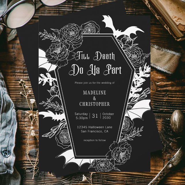 Till Döds do oss Part Gothic Blommigt Black Bröllo Inbjudningar (Skapare uppladdad)