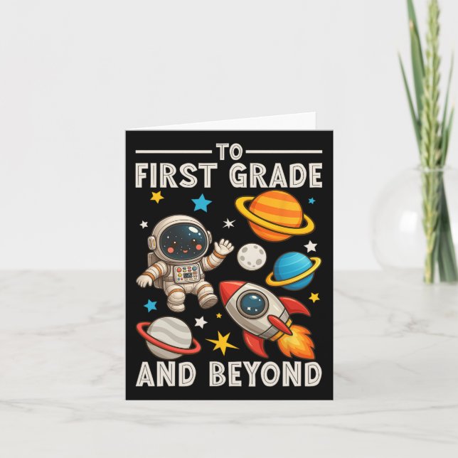 Till Första Klass Och Bortom Astronaut Rolig Tillb Kort (Framsida)