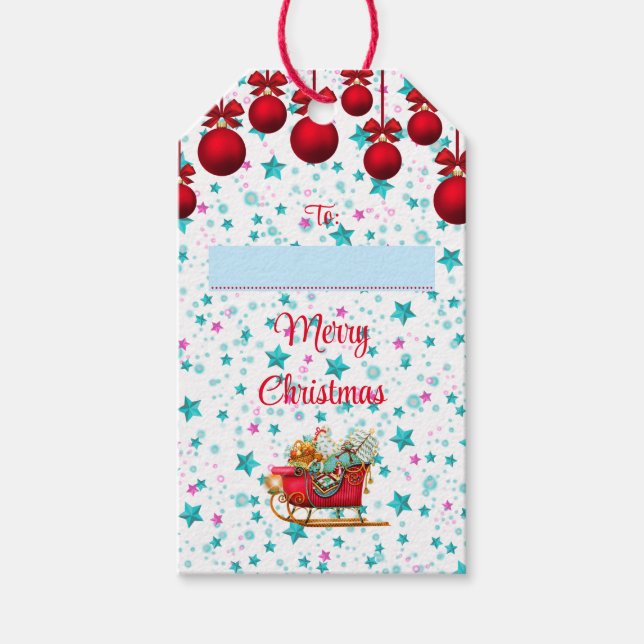 Till Från God Jul Tomte Sleigh och Stjärnor Presentetikett (Framsidan)