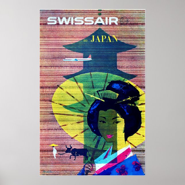 Till JAPAN Art Deco Old Swiss Airlines Advertising Poster (Framsidan)