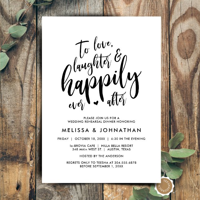Till Kärlek, som skrattar och lyckligtvis allt eft Inbjudningar (To Love Laughter and Happily Ever After, Wedding Rehearsal Dinner or Brunch Invitation Card)