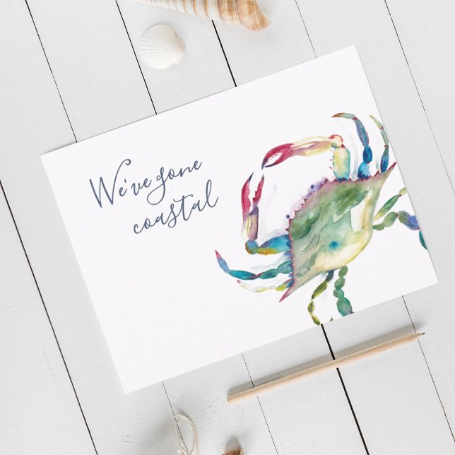 Till meddelande om ny Flytta i båset Vykort (Moving announcement card designed using blue crab watercolor art by Victoria Grigaliunas )