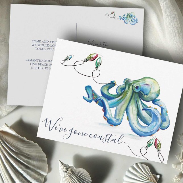 Till meddelande om ny Flytta i båset Vykort (Beach Christmas moving announcements cards watercolor octopus art Victoria Grigaliunas DoTellABelle)