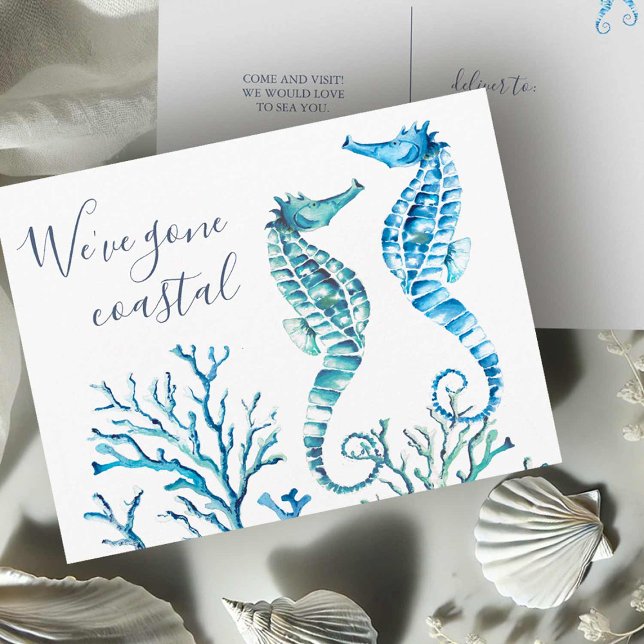 Till meddelande om ny Flytta i båset Vykort (Beach moving announcement postcards watercolor seahorses by Victoria Grigaliunas Do Tell A Belle)