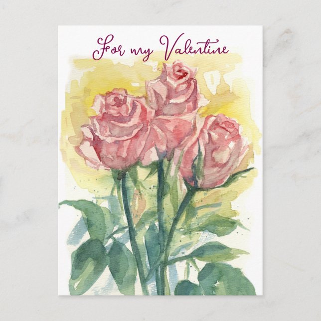 Till min älskade fru rosa rosor akvarell blomma helg vykort (Framsida)