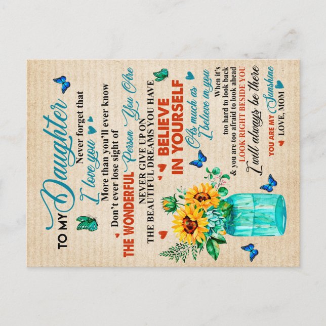 Till min dottergåva,Butterfly Älskare,Solrosgåva Meddelande Vykort (Framsida)