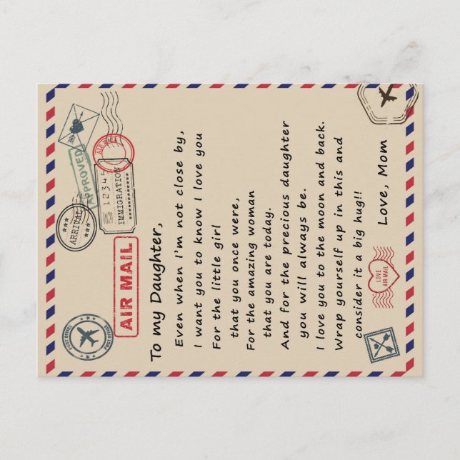 Till min dottergåva, Kärlek-Brev-dottern och Mamma Meddelande Vykort (Framsida)