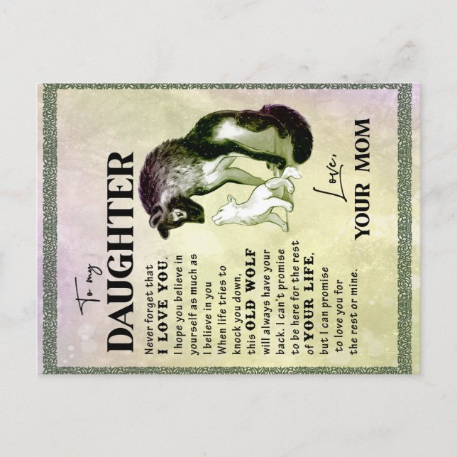 Till min dottergåva, Kärlek-Brev-dottern och Mamma Meddelande Vykort (Framsida)
