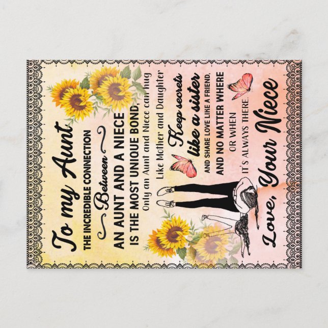Till min Moster-gåva, solrosgåva från Niece Meddelande Vykort (Framsida)