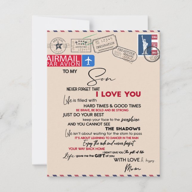 Till min son present, mamma och son, kärleksbrev t inbjudningar (Framsida)