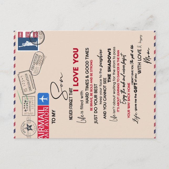 Till min son present, mamma och son, kärleksbrev t meddelande vykort (Framsida)