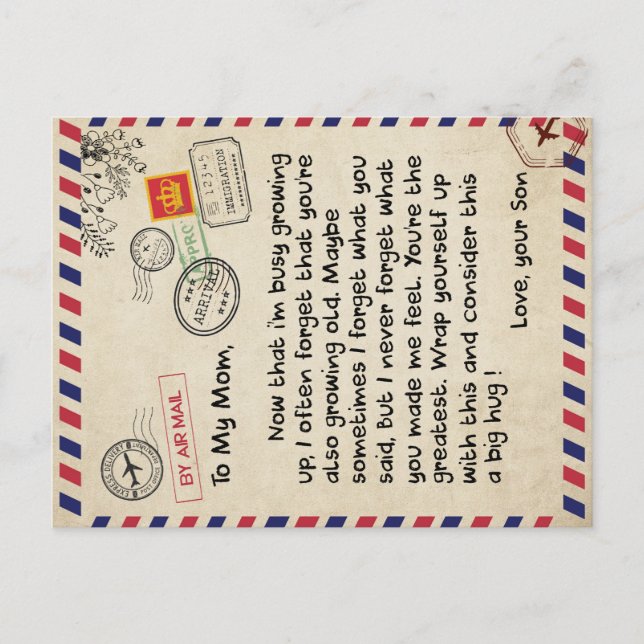 Till min son present, mamma och son, kärleksbrev t meddelande vykort (Framsida)