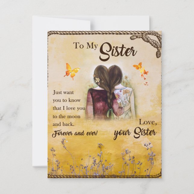 Till Min Syster Gåva,Fjärilskärlek,Blommiga Syskon Inbjudningar (Framsida)