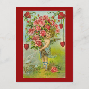 Till min Valentine Cherub med hjärtan och blommor Helg Vykort