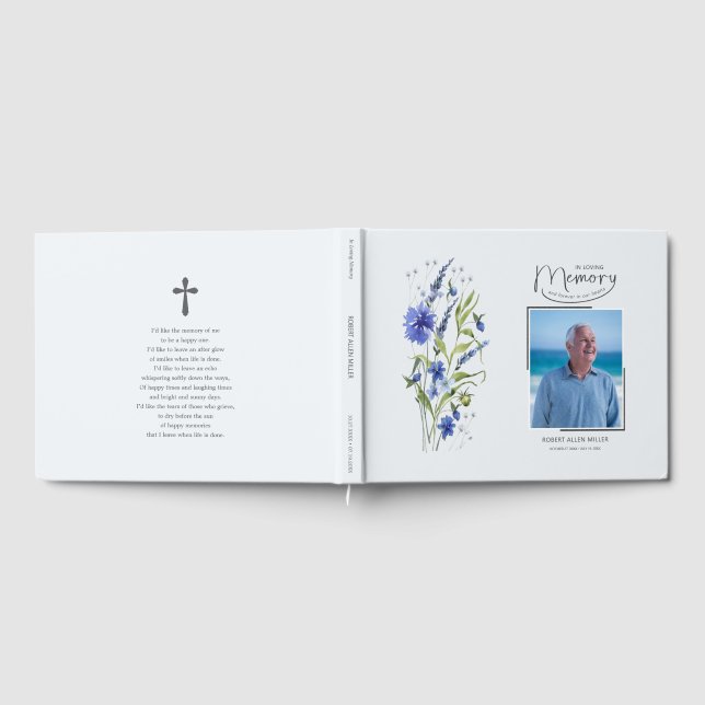Till minne blå blommig begravnings gästbok (Full)