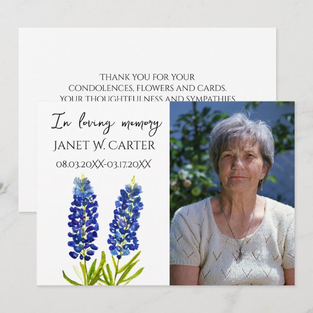 Till minne Bluebonnets Texas Blommor Begravning Inbjudningar (Fram/baksida)