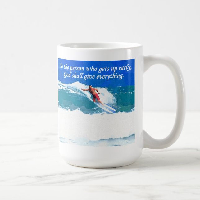 Till personen, som får upp tidigt, ger guden ev kaffemugg (Höger)