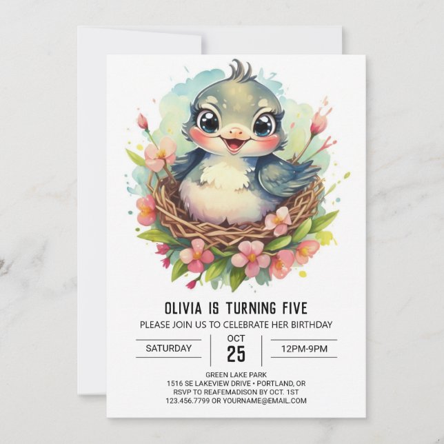 Till Skogen Colibri Bird Birthday Inbjudningar (Framsida)