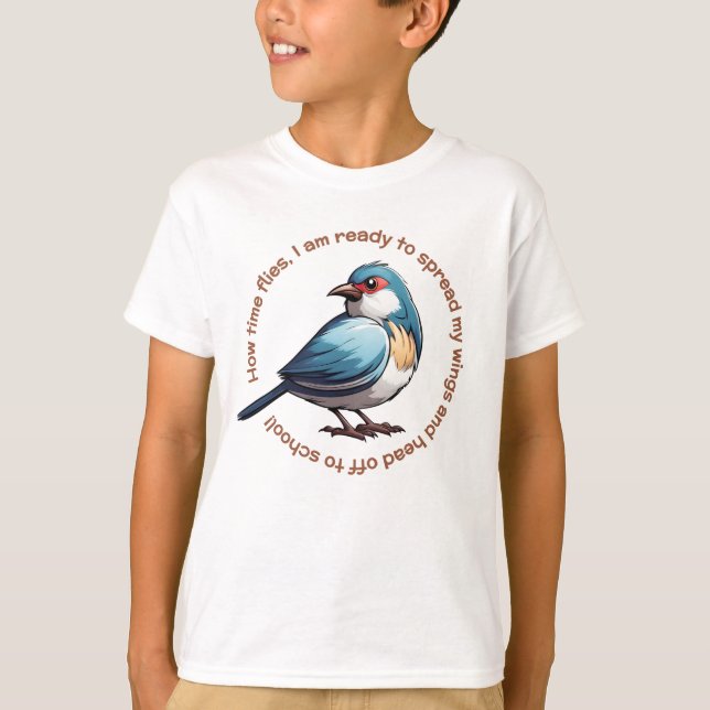 Till skolbarn T-Shirt Blue Brown Bird (Framsida)